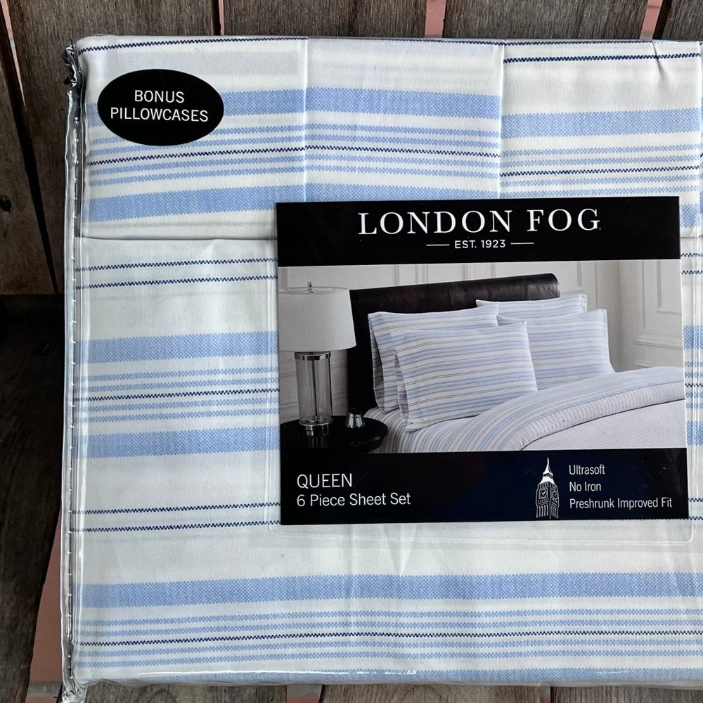 6-pc London Fog QUEEN SIZE Sheet Set - BLUE STRIPES- 2 EXTRA PILLOWCASES